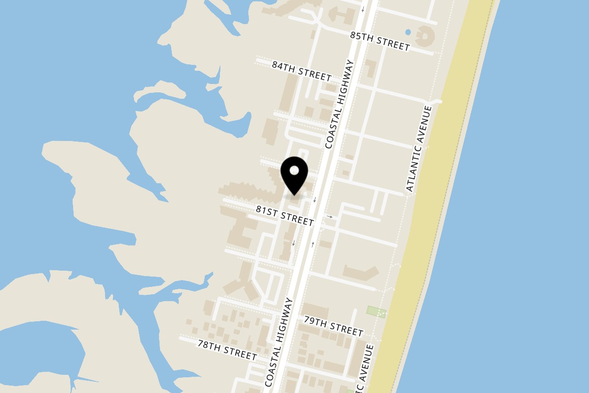 Map showing the location of Tino's Mexican Grill on 8101 Coastal Hwy in Ocean City
